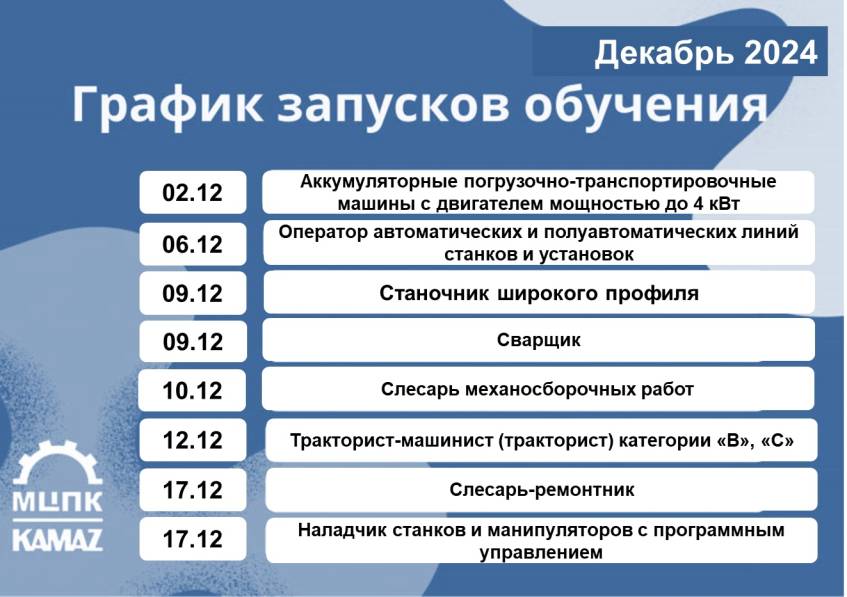 Расписание учебных запусков на декабрь в Ассоциации ДПО «МЦПК машиностроения»