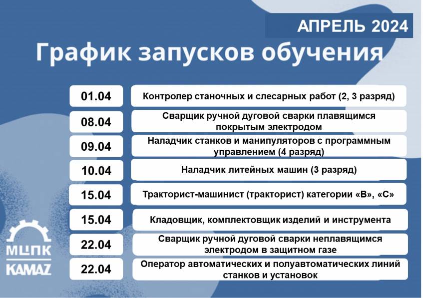 Актуальное расписание учебных запусков на апрель в Ассоциации ДПО «МЦПК машиностроения»