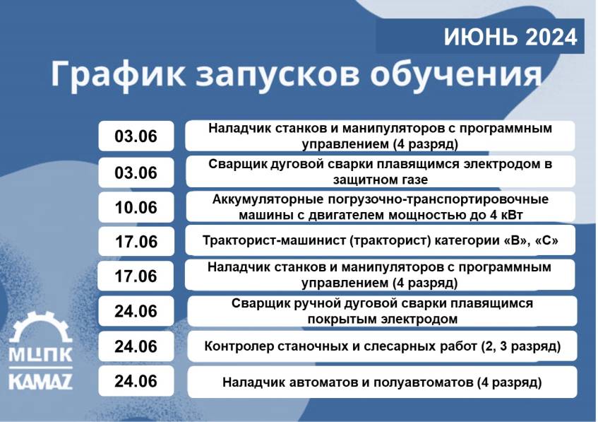 Актуальное расписание учебных запусков на июнь в Ассоциации ДПО «МЦПК машиностроения» 